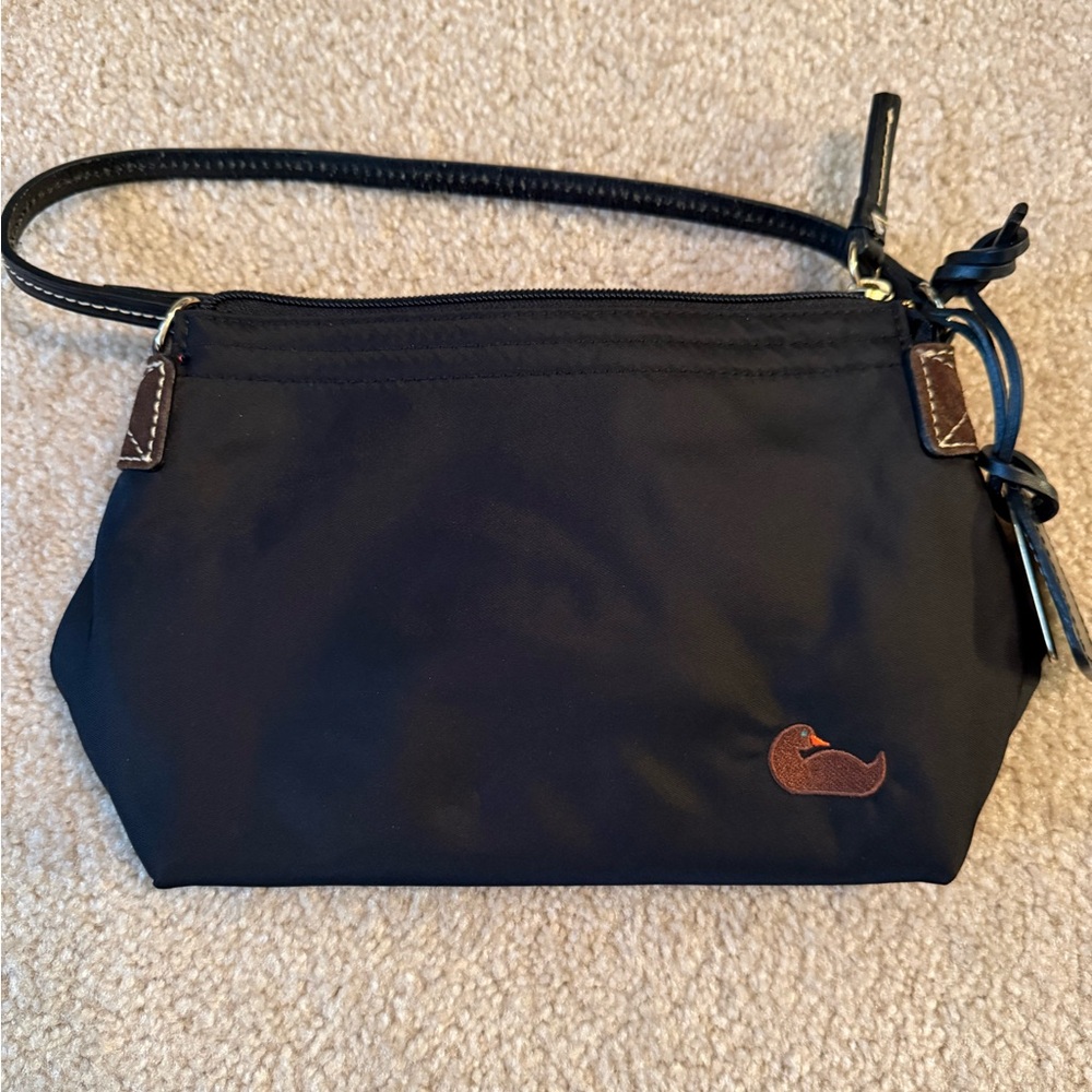 Dooney & Bourke Black Shoulder Wristlet with Brown Logo Patch